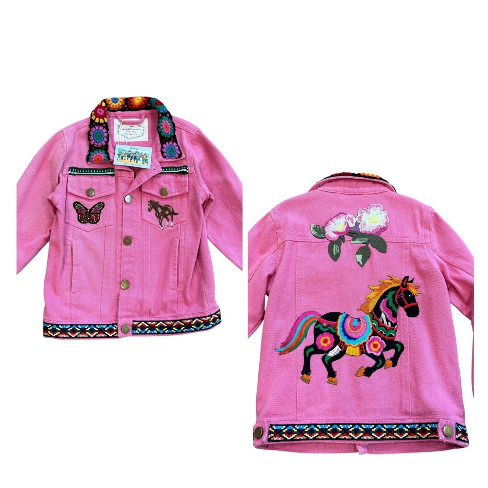Lesal Upcycled Treasures Pink Denim Jacket Kids 4-5T Horse Butterfly Boho